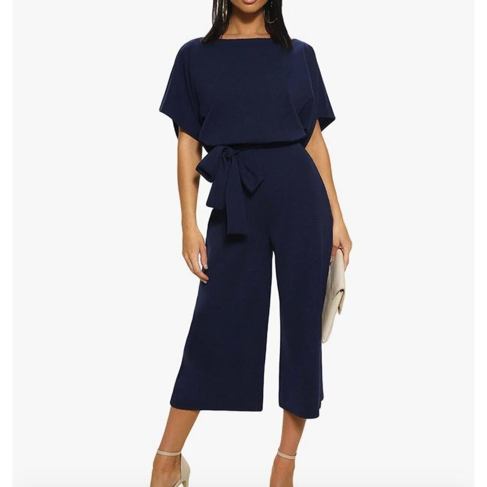 CHARTOU Blue Short Sleeve Belted Wide Leg Cropped Romper Palazzo Pants Jumpsuit